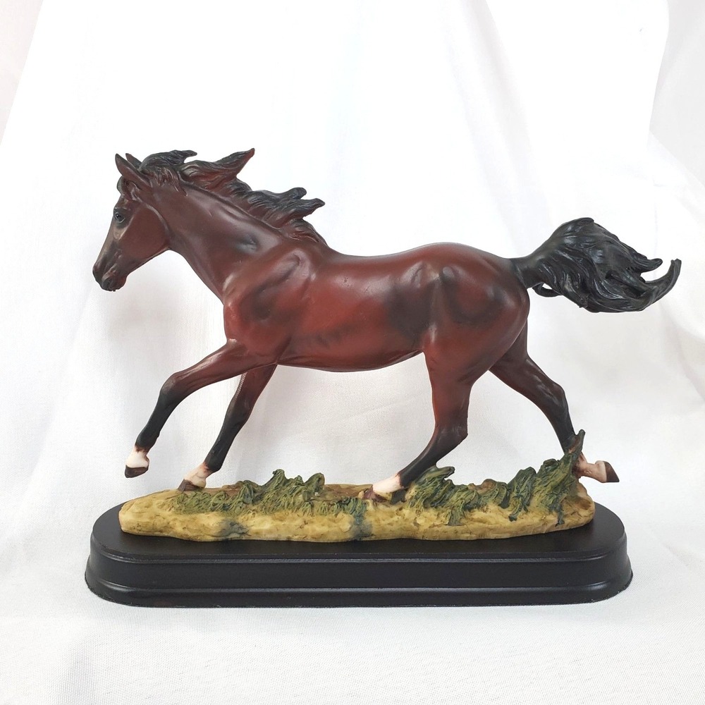 Equestrian Galloping Dark Brown Horse on Wild Pastures Statue 9.25" Long